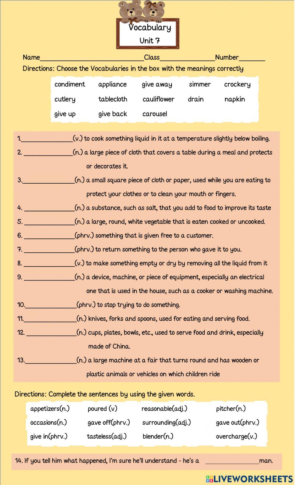 Vocabulary unit 7 online exercise for live worksheets