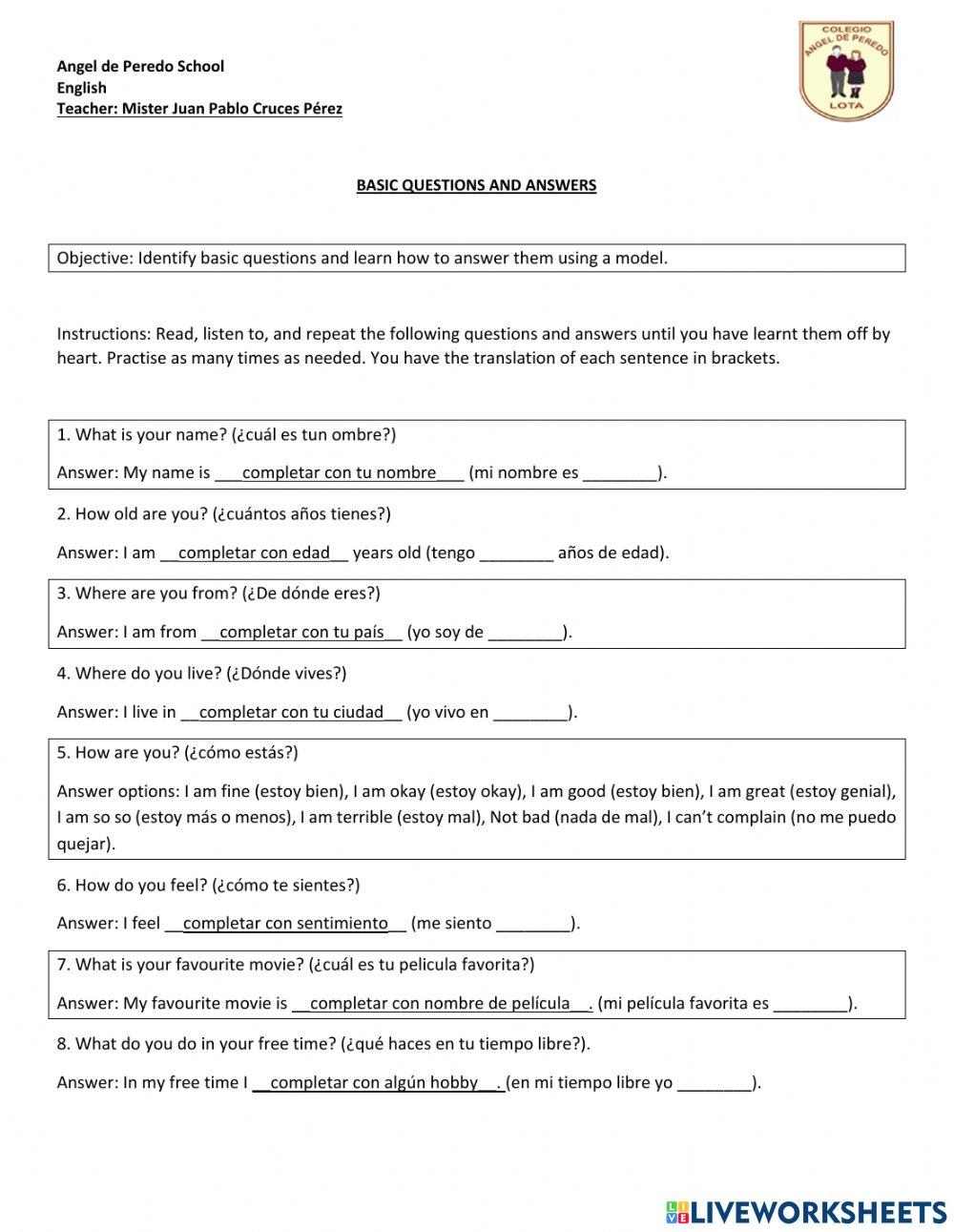 Basic questions and answers interactive worksheet live worksheets