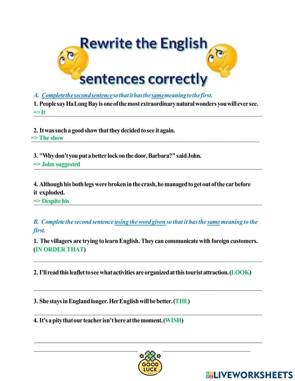 Rewrite sentences 1