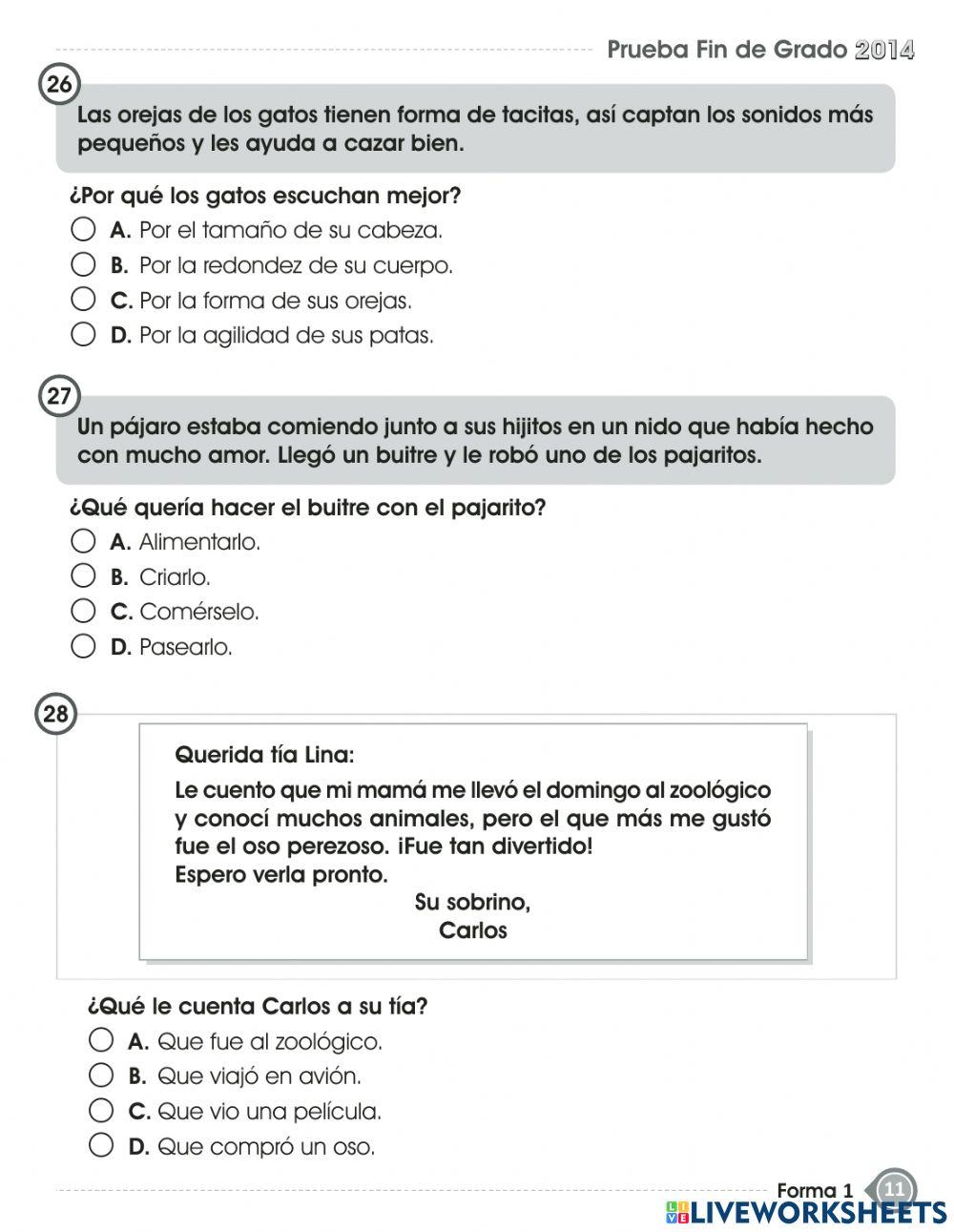 Ii parte de español - prueba de fin de grado- primer grado