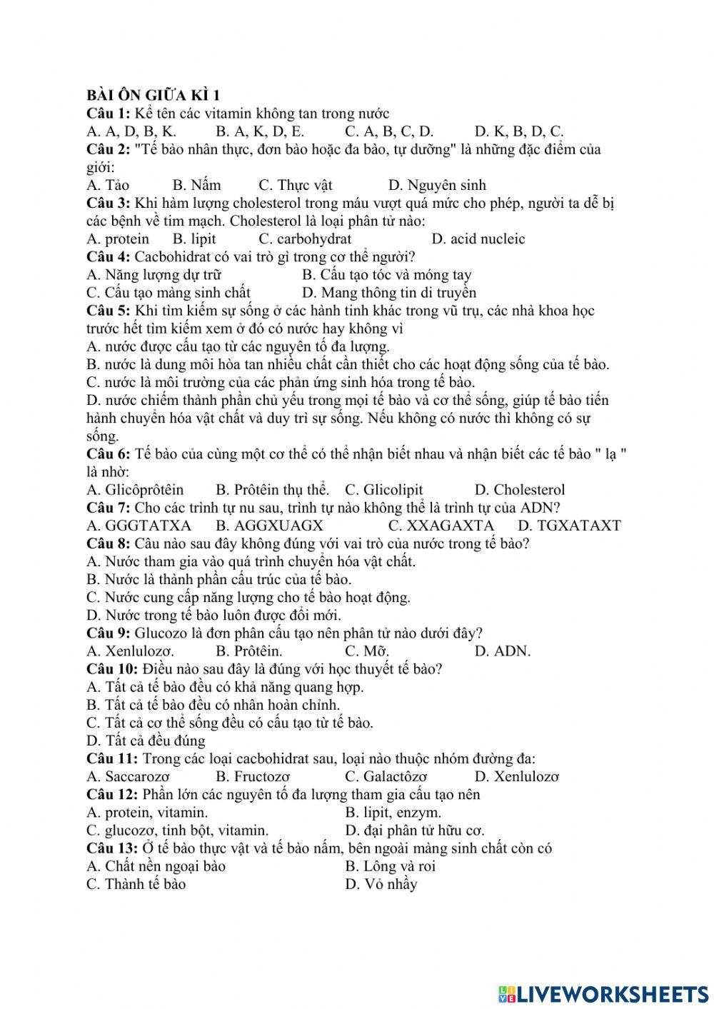 Bài ôn tập giữa kì sinh 10 cb