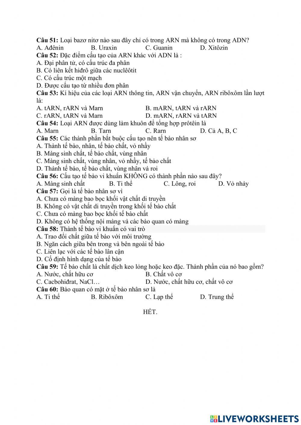 Bài ôn tập giữa kì sinh 10 cb