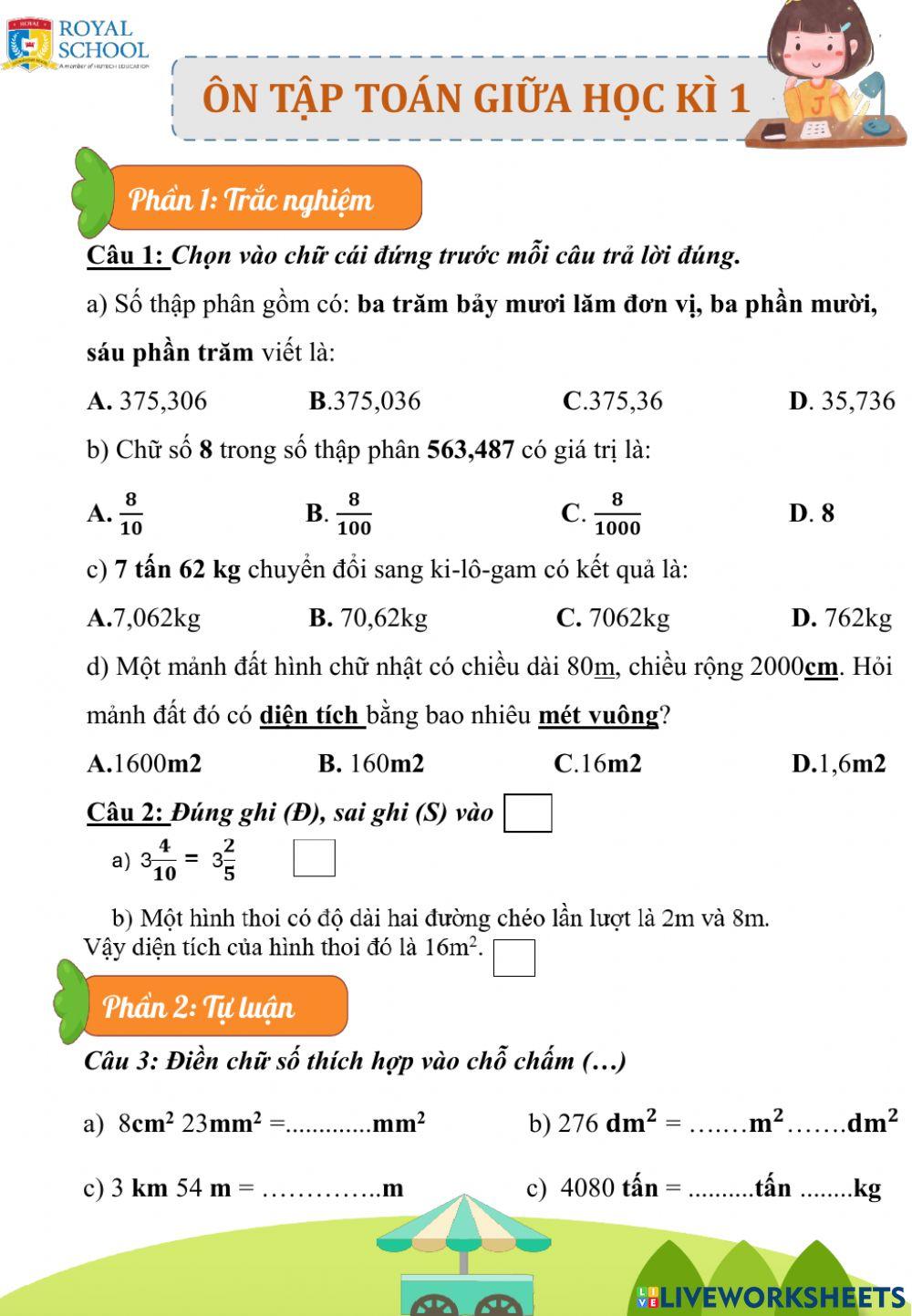 Phiếu toán ôn tập giữa học kì 1