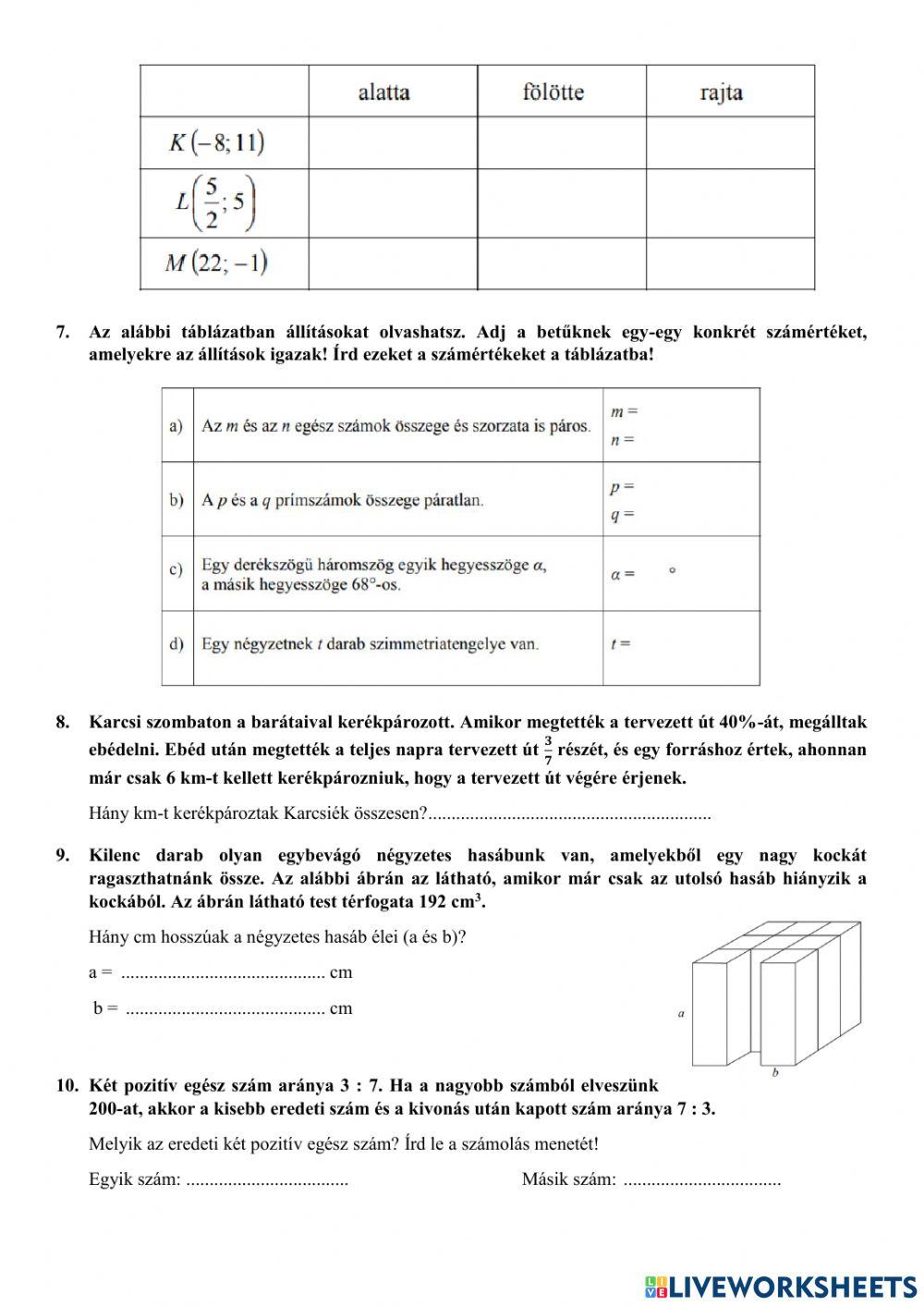 Matematika felvételi feladatlap 2015