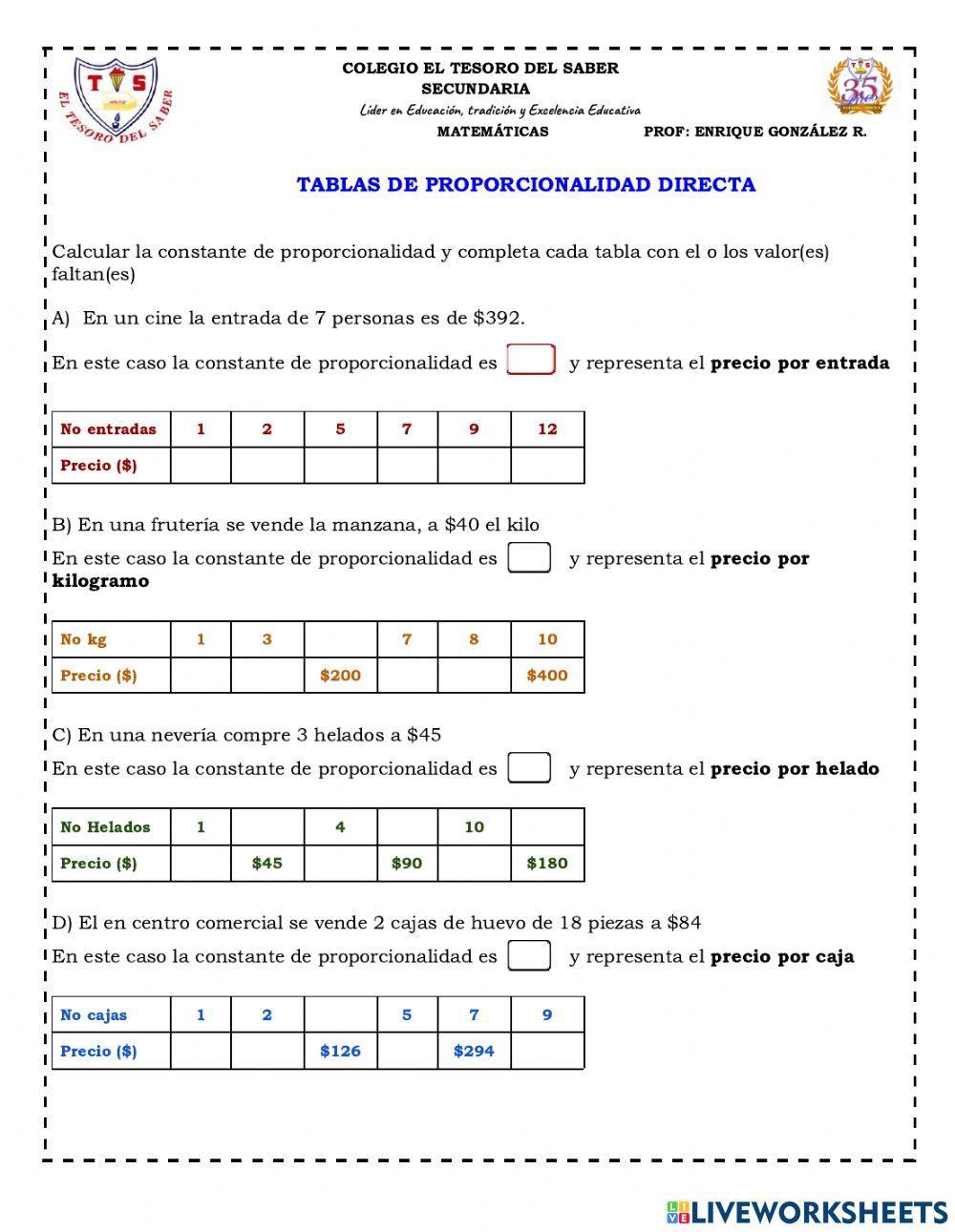 Tablas de proporcionalidad directa