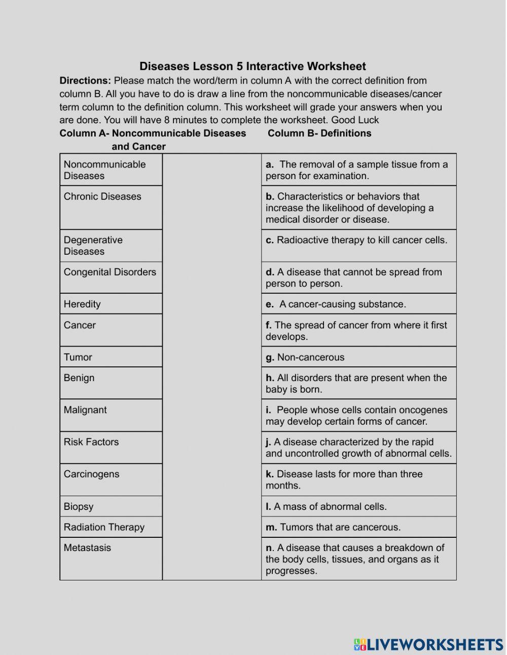 Noncommunicable Diseases and Cancer Worksheet