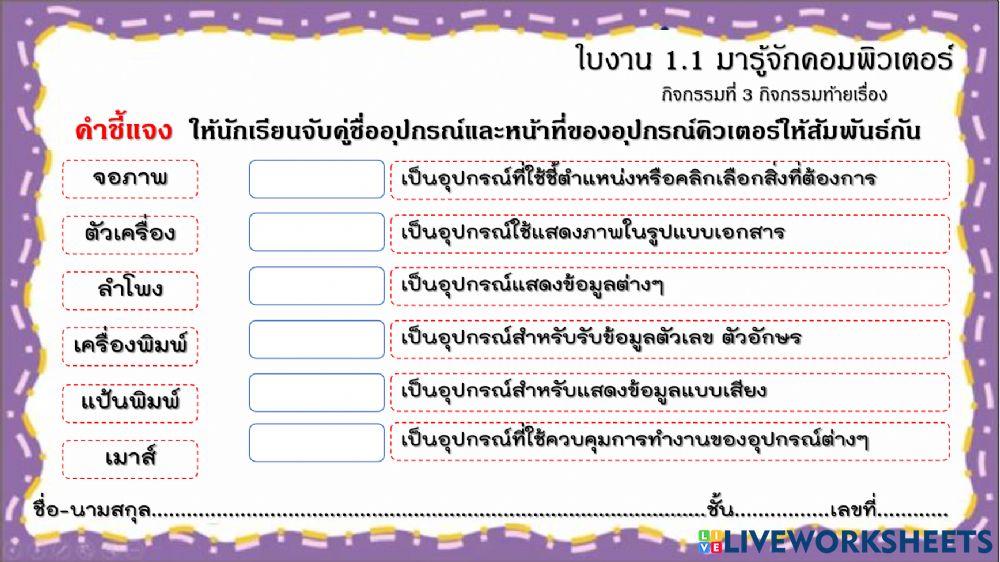 ใบงาน 1.1  มารู้คอมพิวเตอร์กันเถอะ