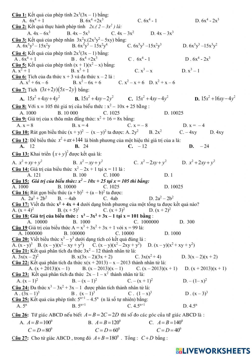 Trắc nghiệm giữa HK1 Toán 8