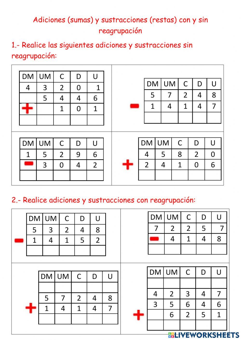 Adiciones y sustracciones con y sin reagrupación