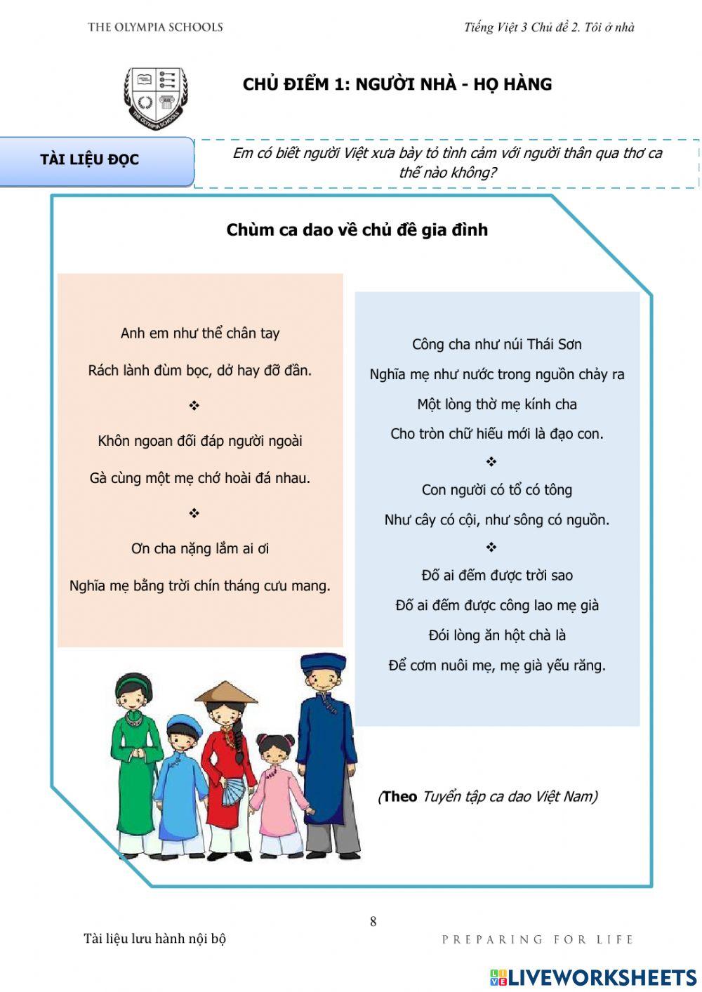 Chủ điểm 1: Chùm ca dao về chủ đề Gia đình