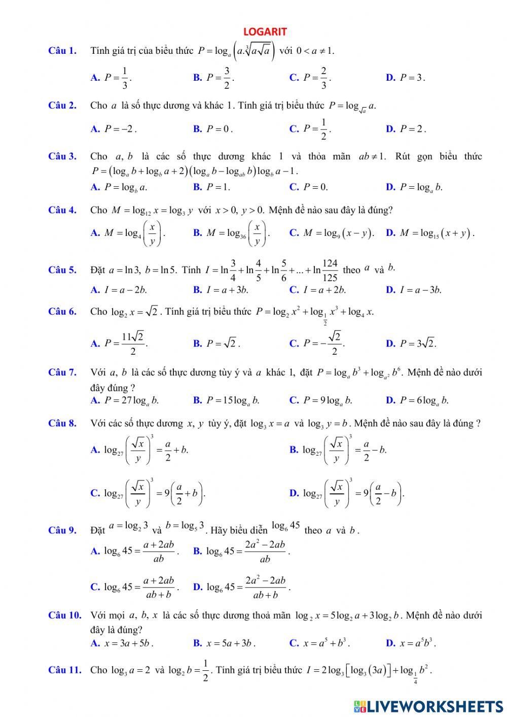 Bài tập Logarit