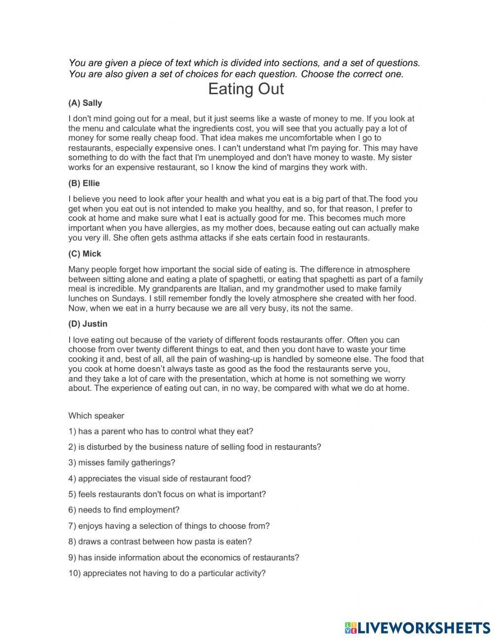 Reading Part 7: Eating Out