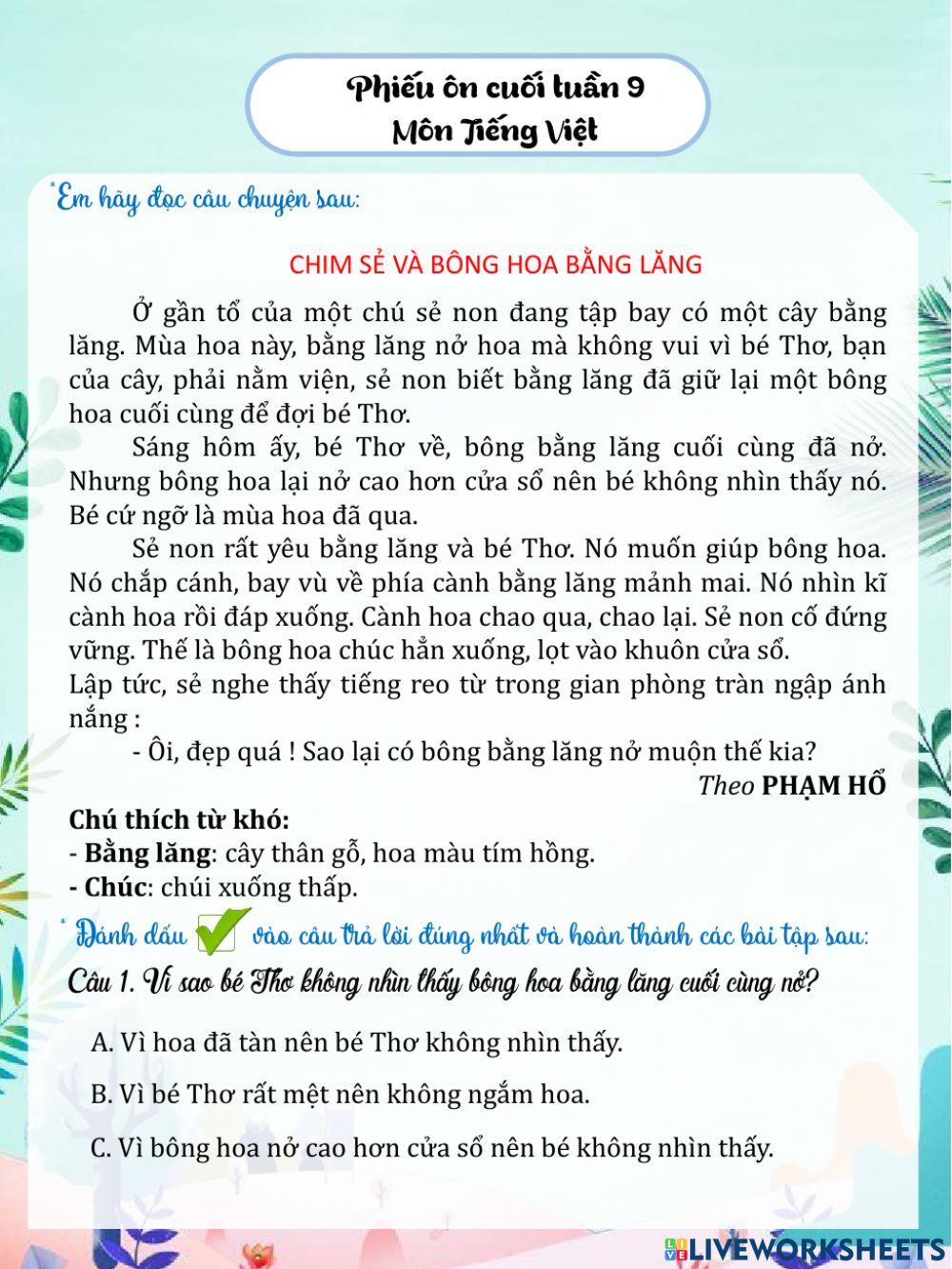 Phiếu cuối tuần 9 - lớp 3