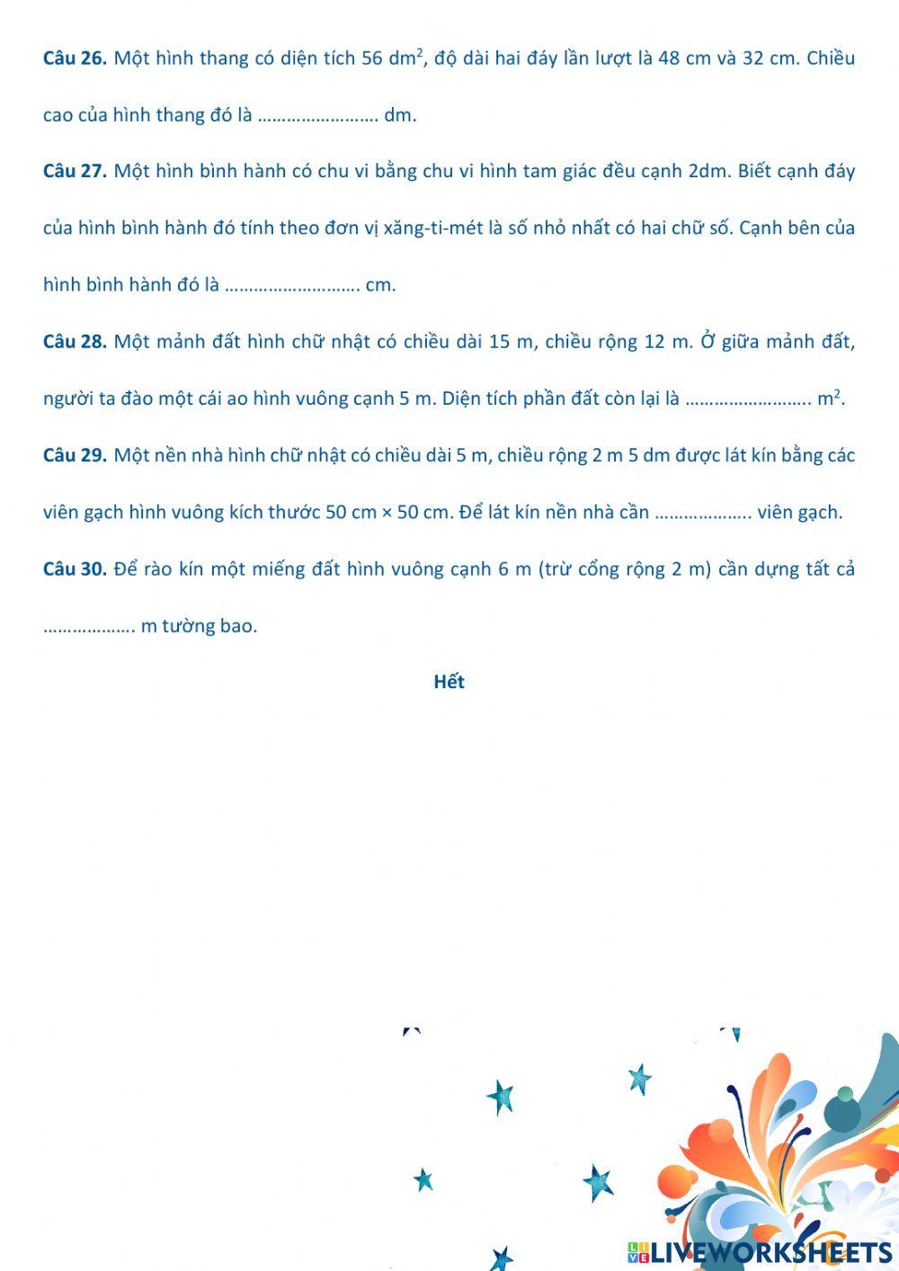 L6.Ôn tập chu vi - diện tích (30 câu)