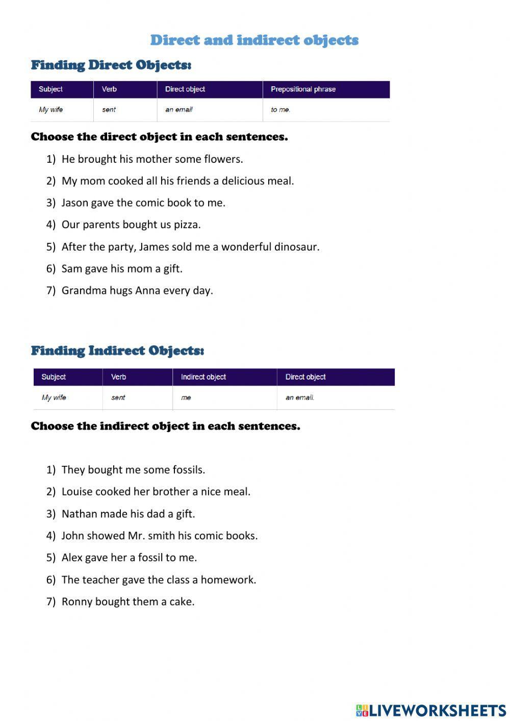 Direct Object Indirect Object Worksheet Direct Indirect Object