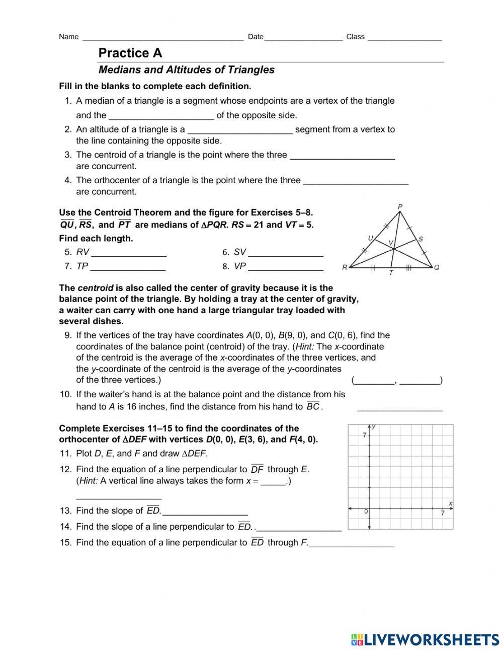 MEDIANS AND ALTITUDES OF TRIANGLES online exercise for Live Worksheets