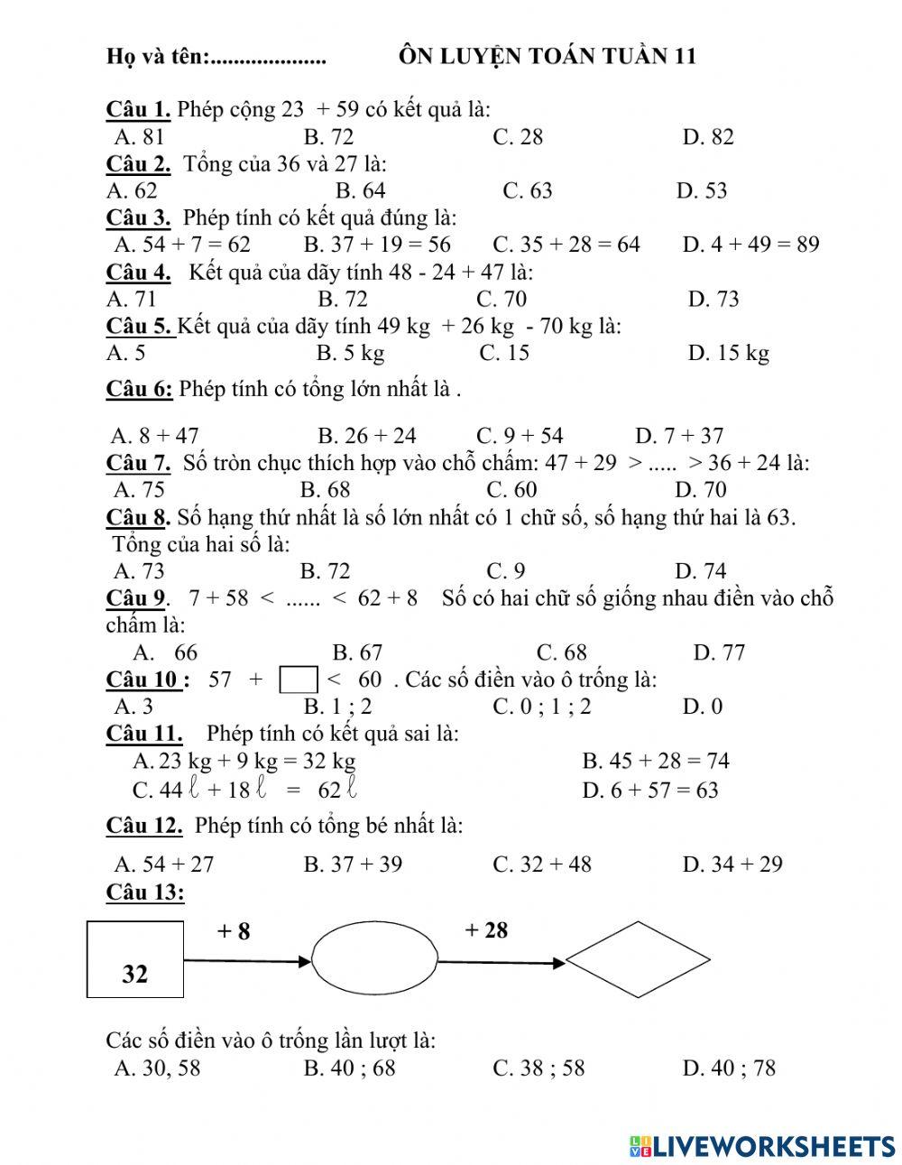 Đề ôn toán tuần 11