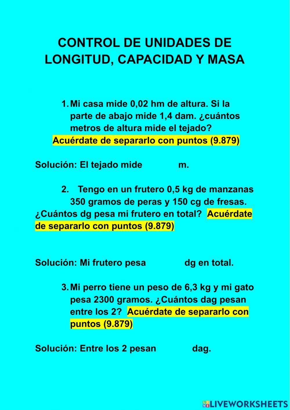 Problemas y ejecicios de unidades de longitud. , capacidad y masa
