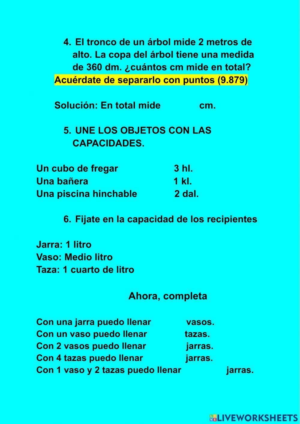 Problemas y ejecicios de unidades de longitud. , capacidad y masa