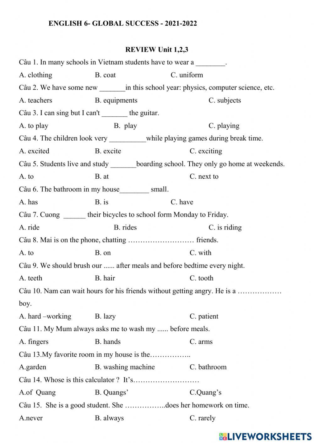 Review Unit 1,2,3 English 6