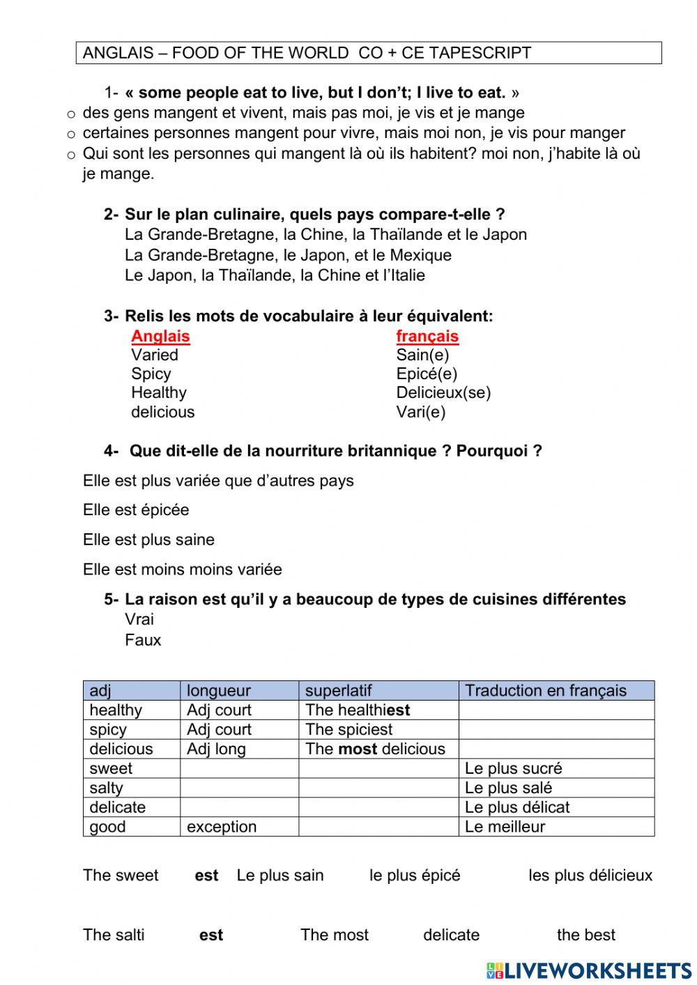 FOOD OF THE WORLD - COMPARING