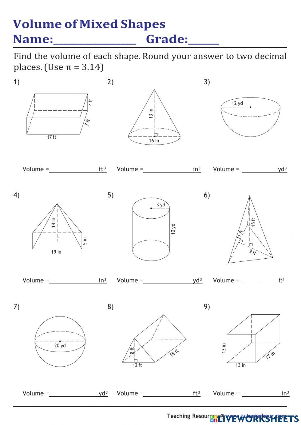 Volume of mixed shapes online exercise for Live Worksheets