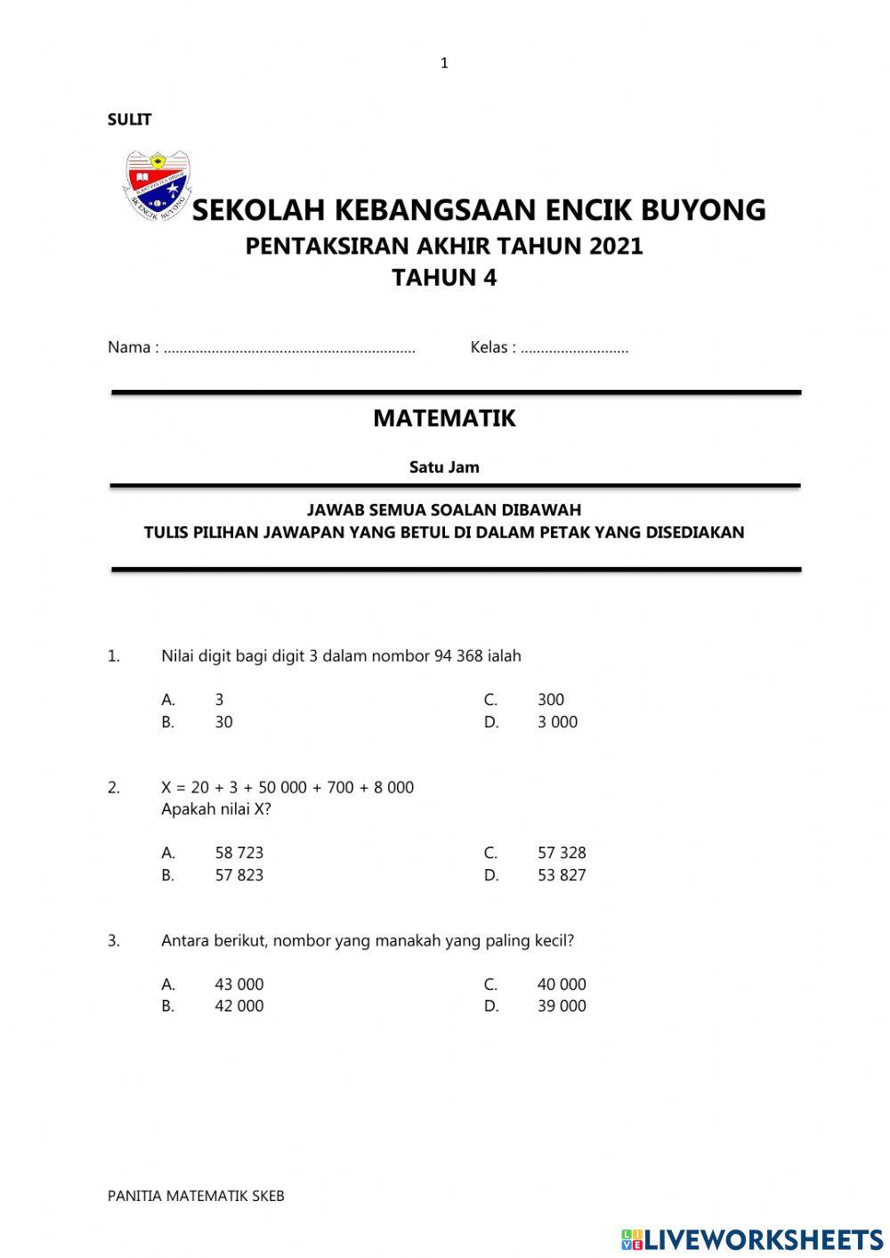 PENILAIAN MATEMATIK TAHUN 4 2021