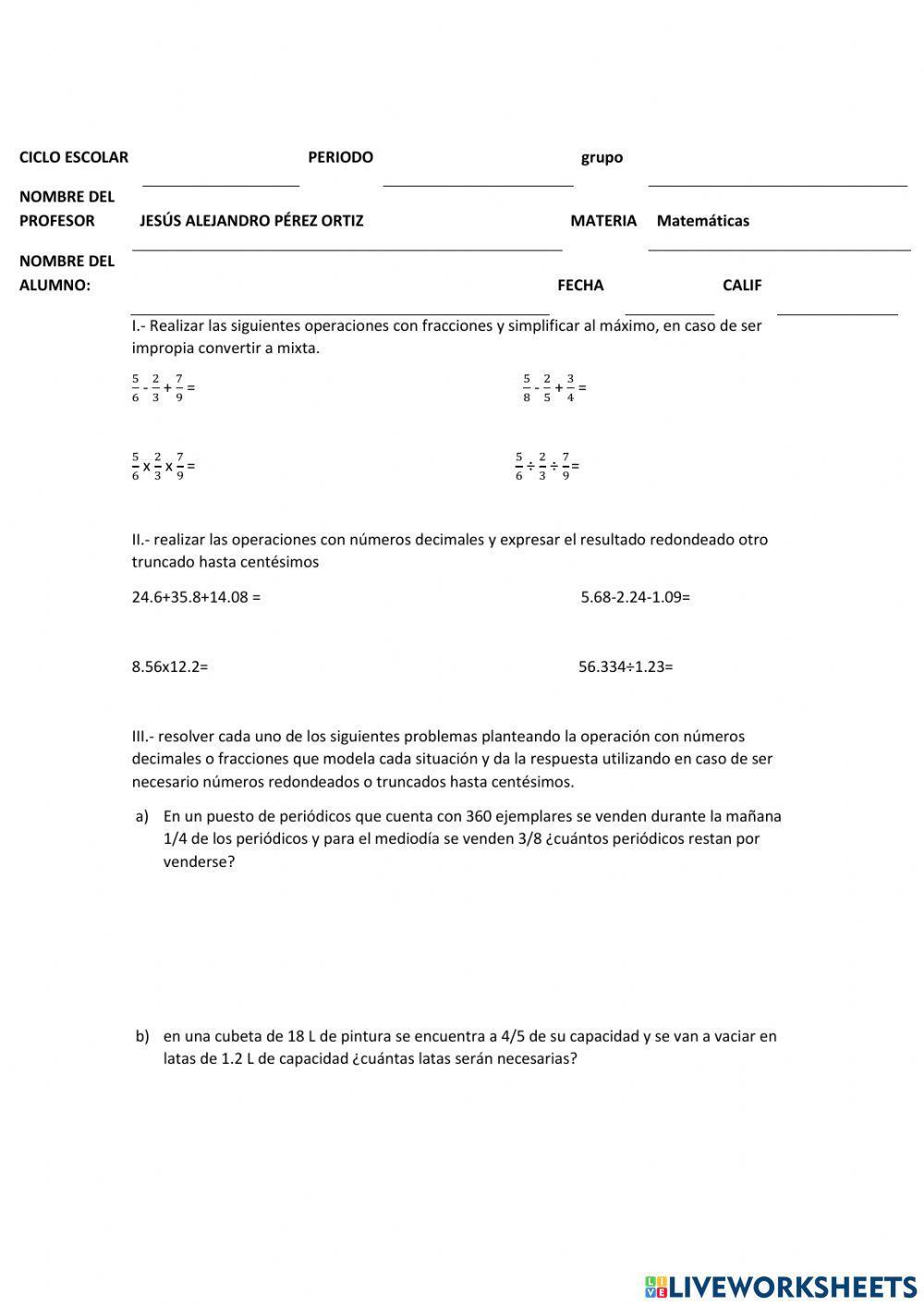Evaluación operaciones con decimales y fracciones