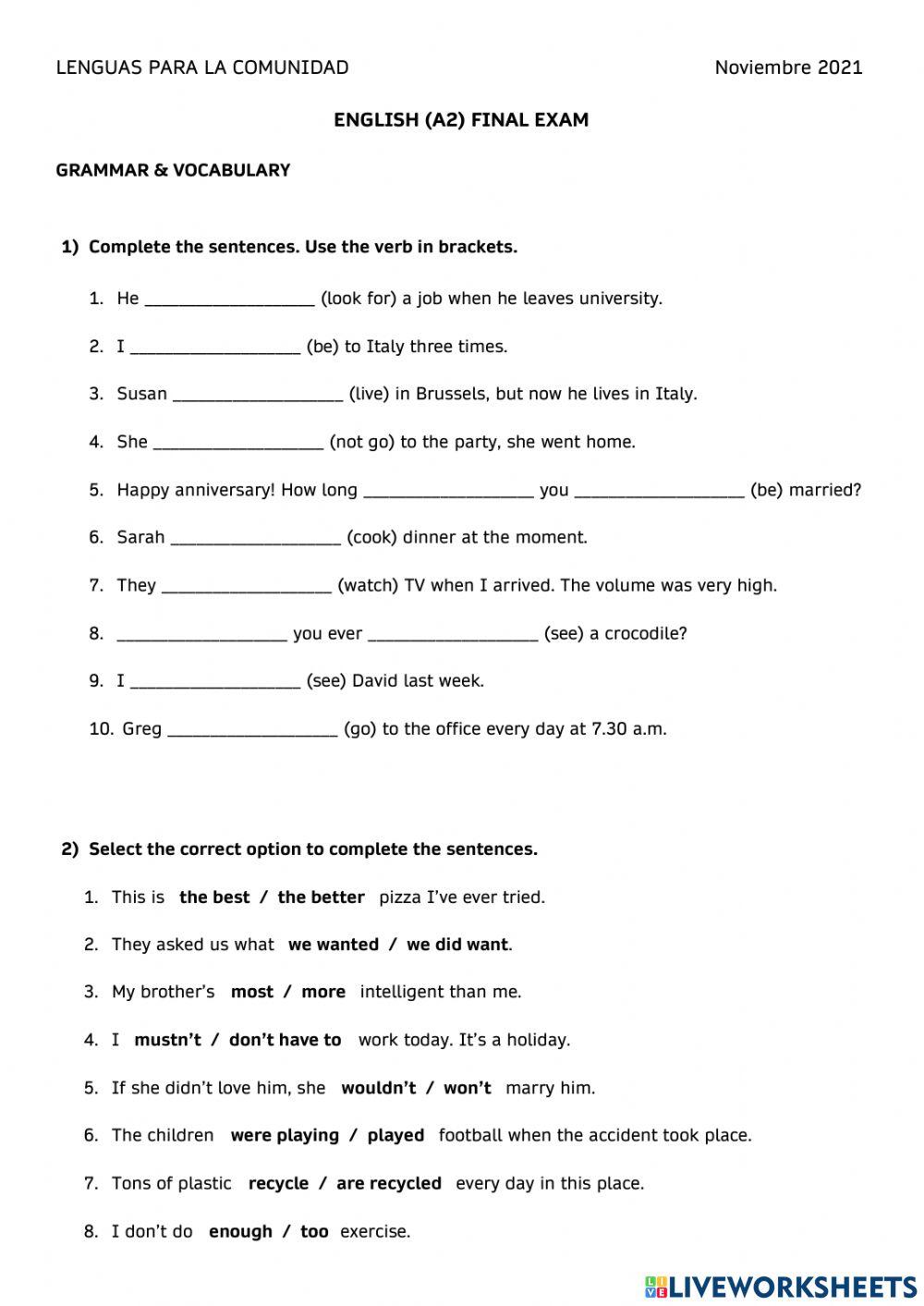 a2-unt-final-exam-2021-online-exercise-for-live-worksheets