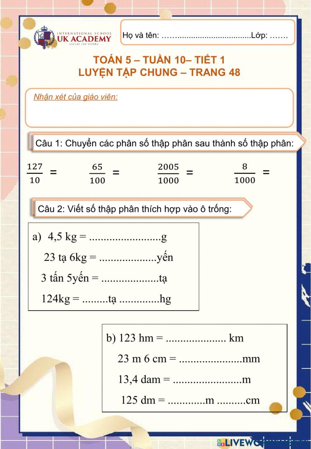Toán 5 - Tuần 9 - Luyện tập chung trang 48