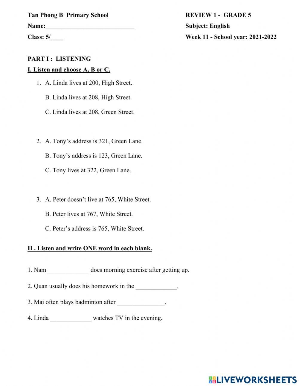 Review 1 - Week 11 - English 5 - kèm file listening