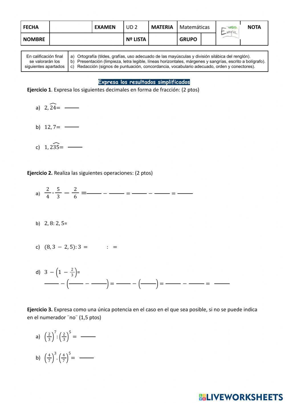 Examen fracciones y decimales 2ºESO