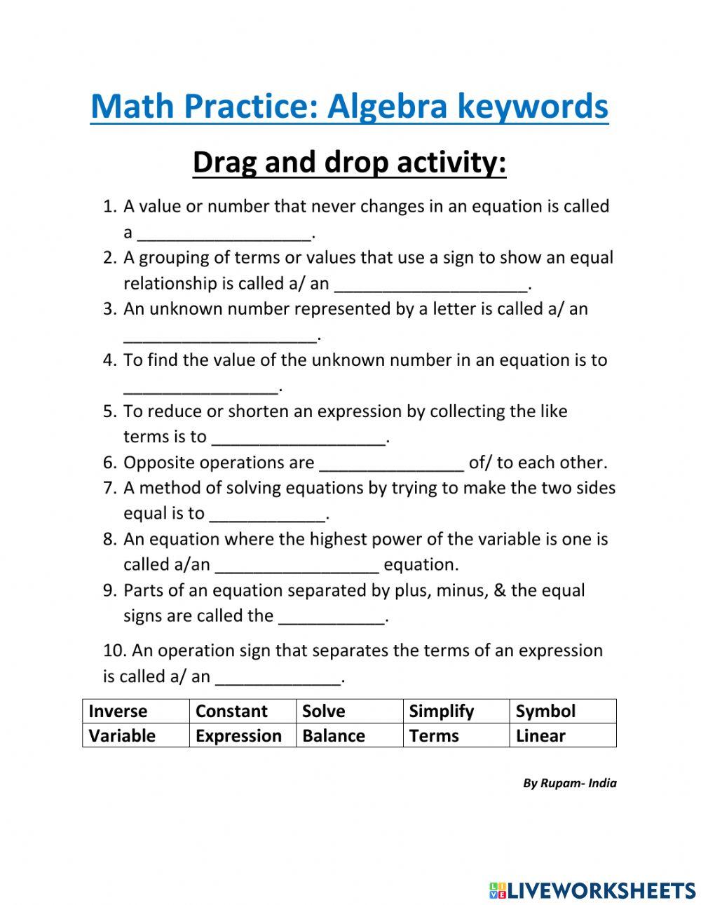 Algebra Keywords worksheet Live Worksheets