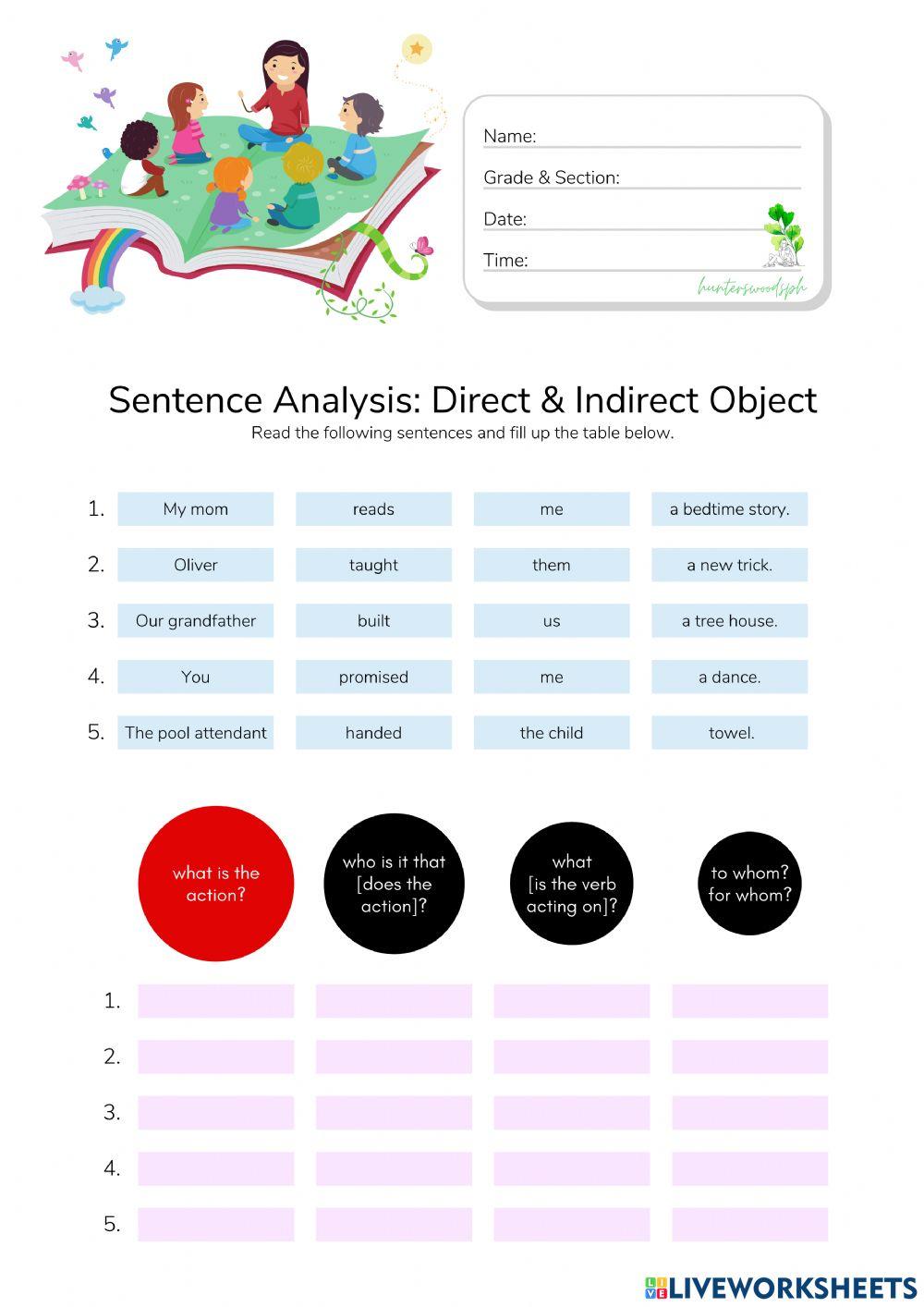 Direct and Indirect Object - HuntersWoodsPH.com Worksheet
