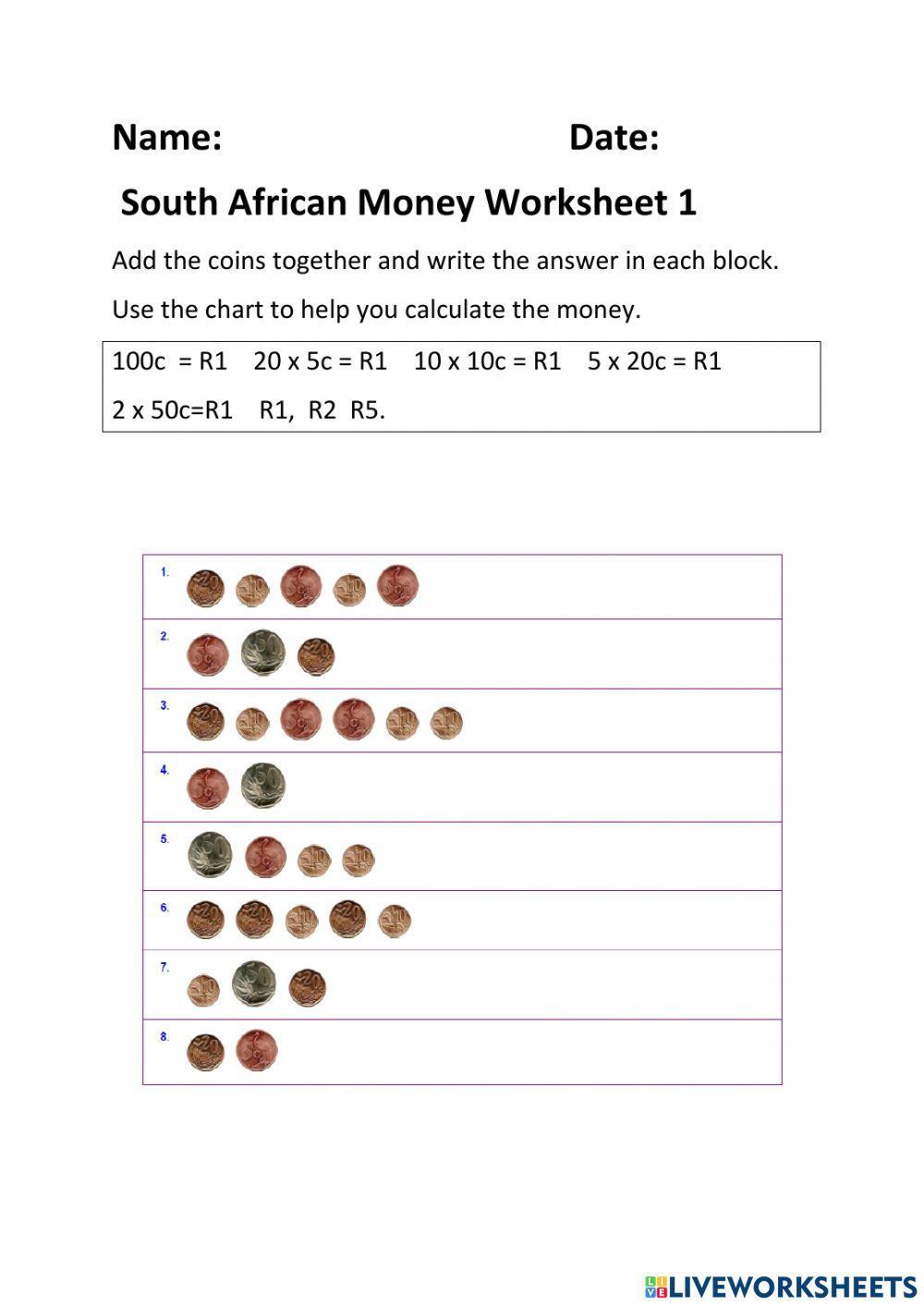 South African Money Worksheet 1