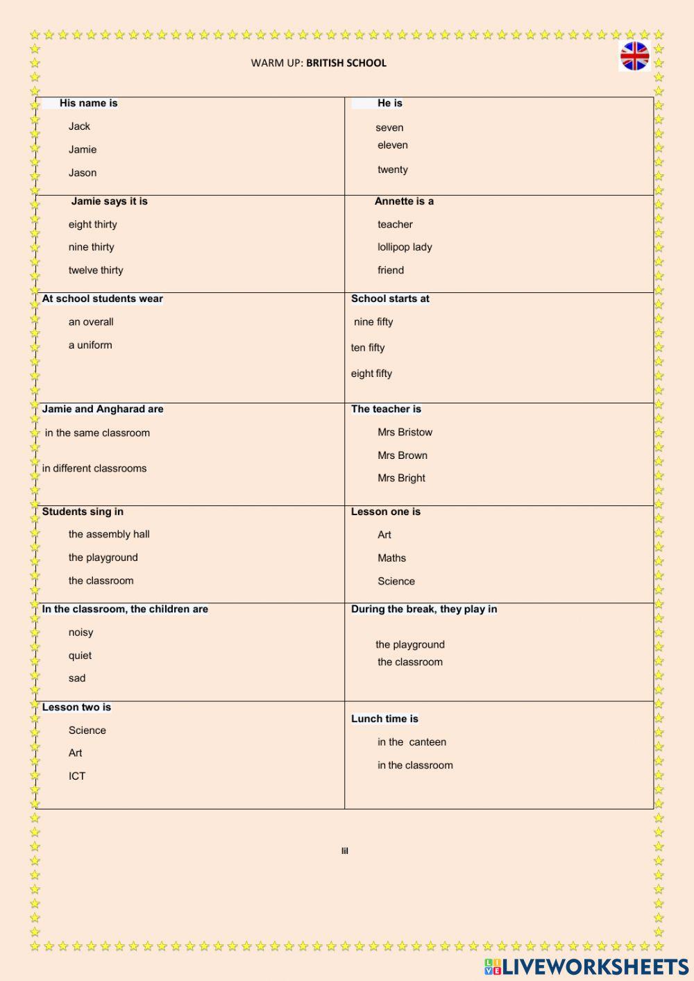 Warm up: british school
