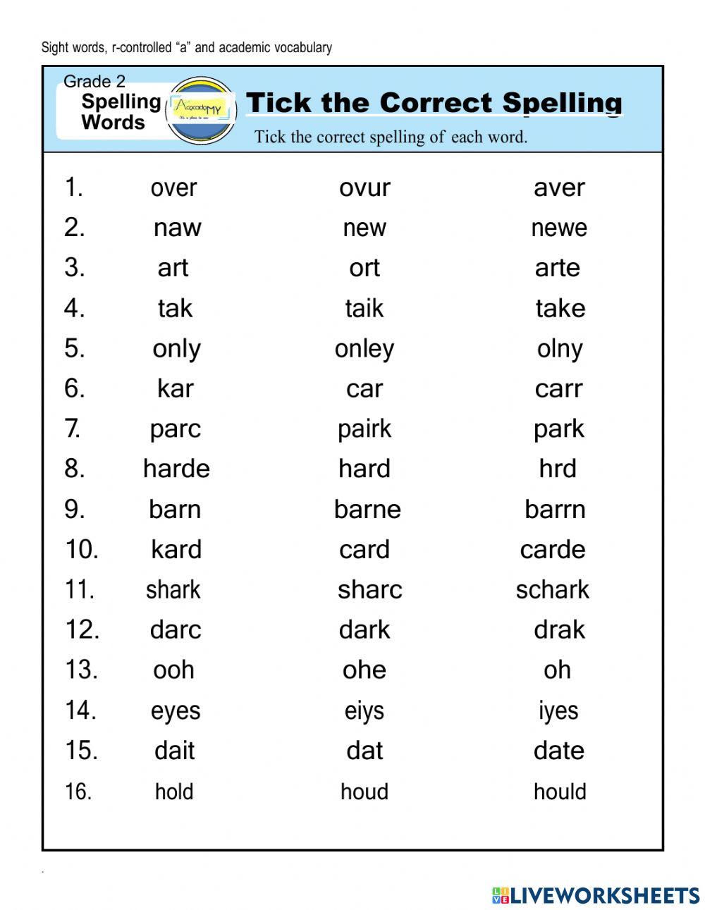 Spelling Worksheet 1