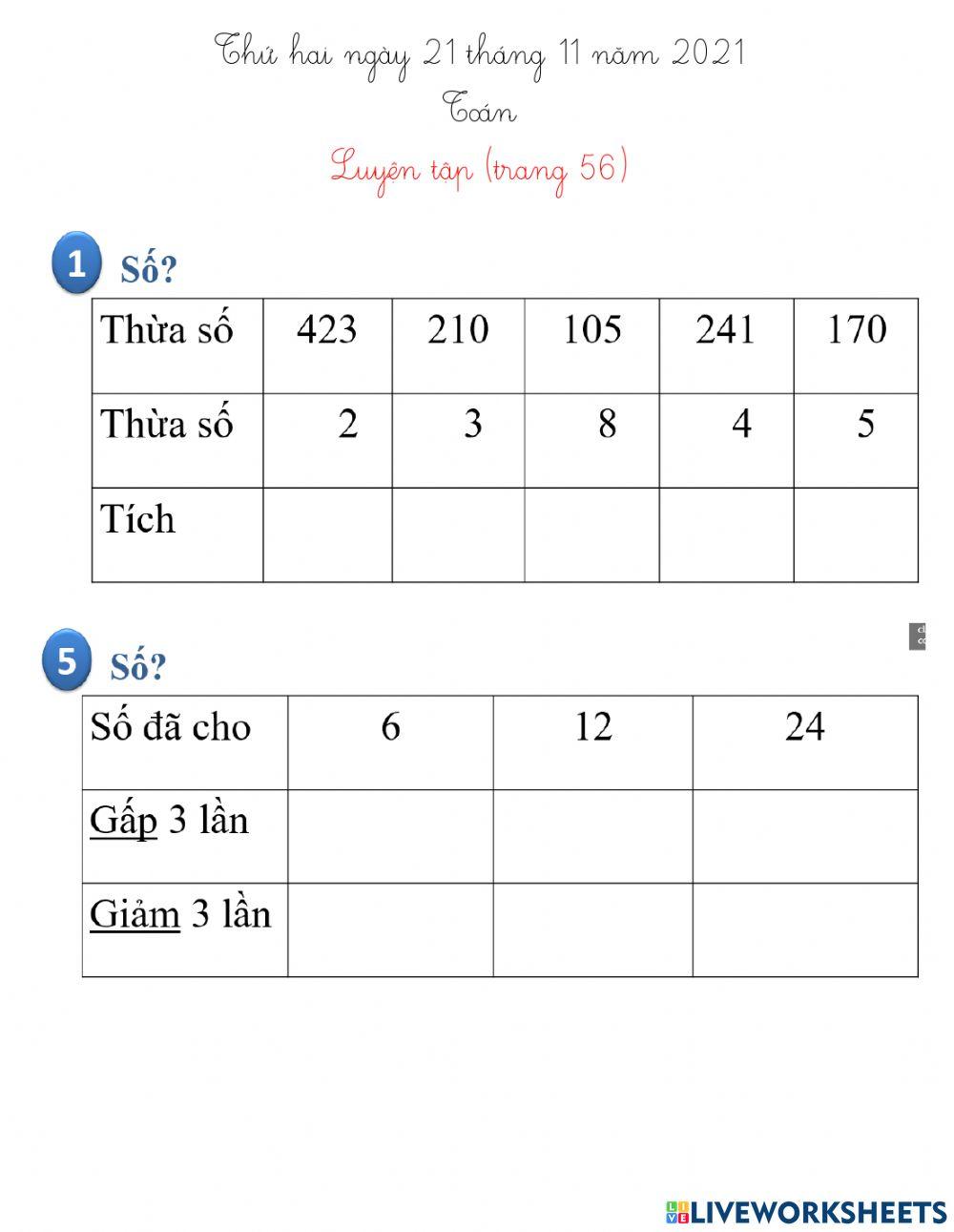 Toán - Luyện tập trang 56