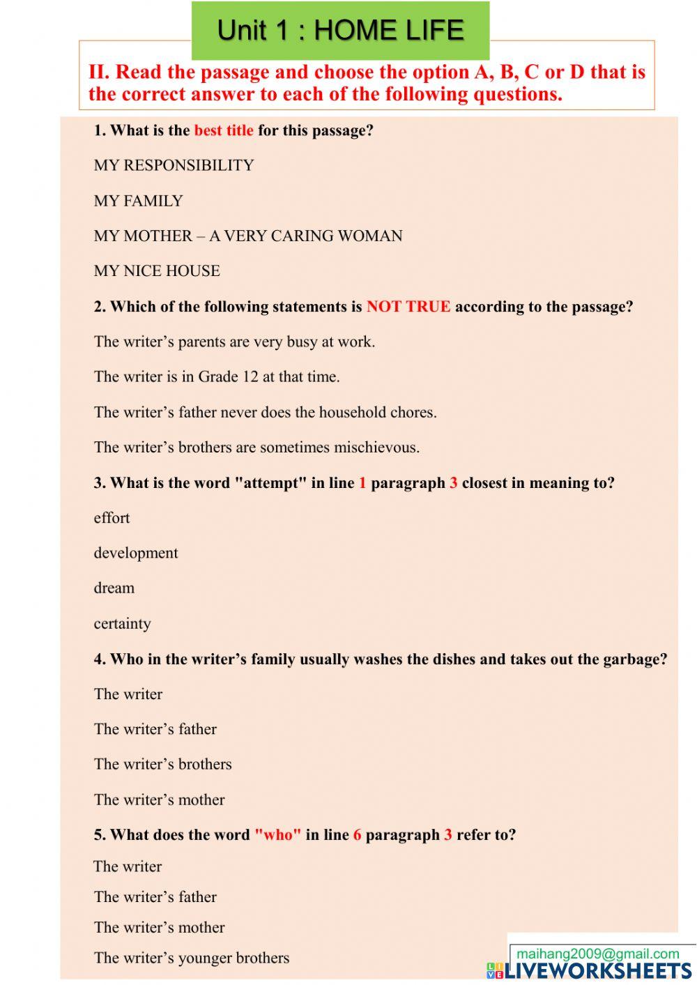 Unit 1 : HOME LIFE reading