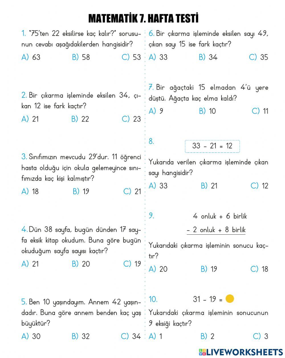 Matematik 7. Hafta Testi
