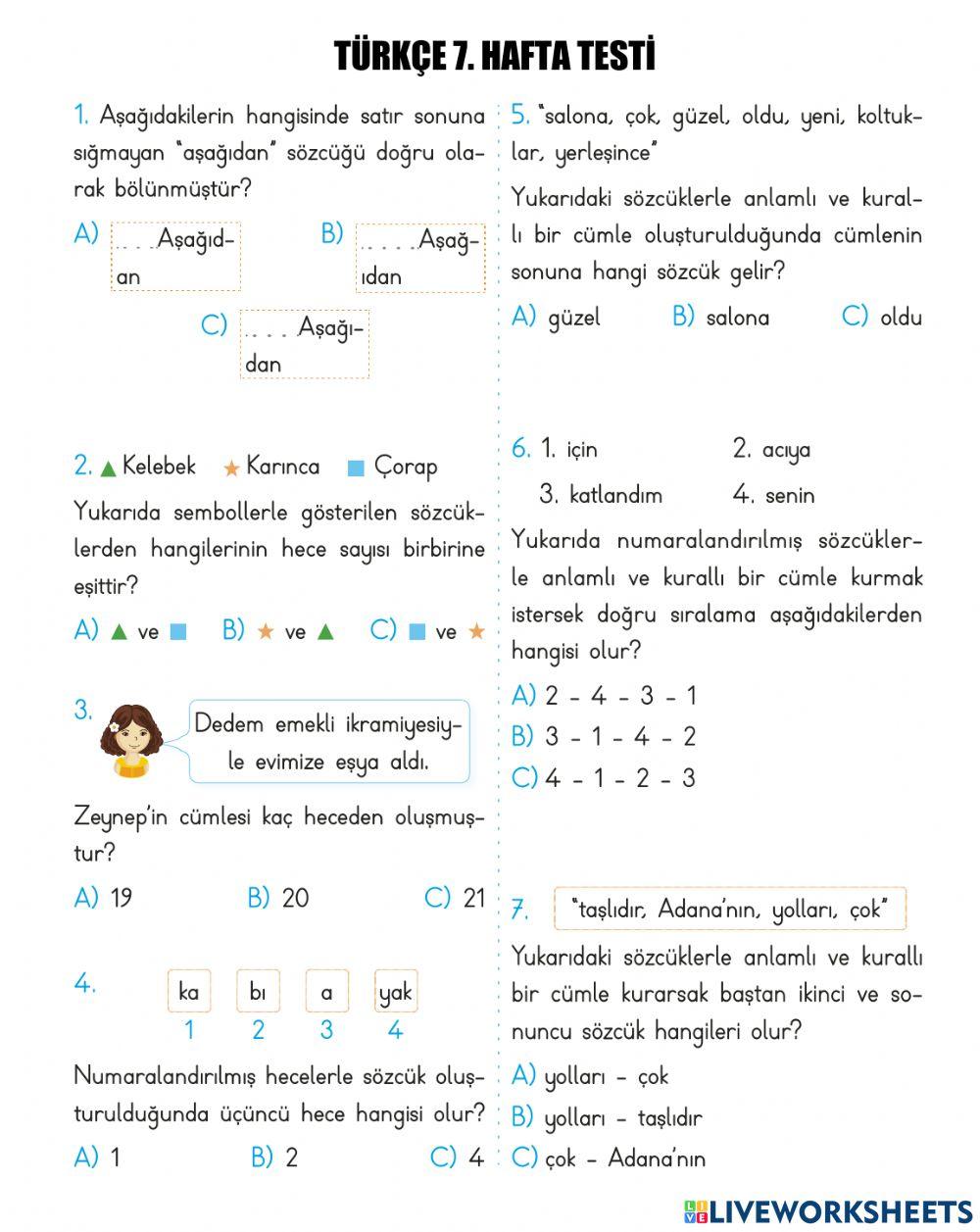 Türkçe 7. Hafta Testi