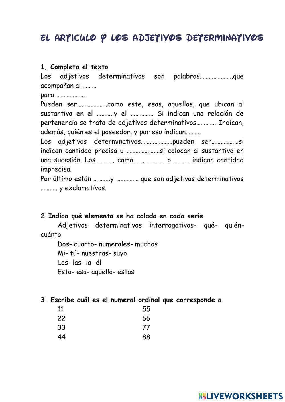 Ejercicios sobre el adjetivo determinativo