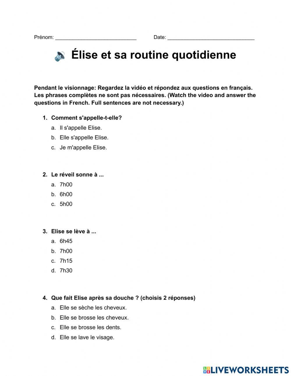 Élise et sa routine quotidienne
