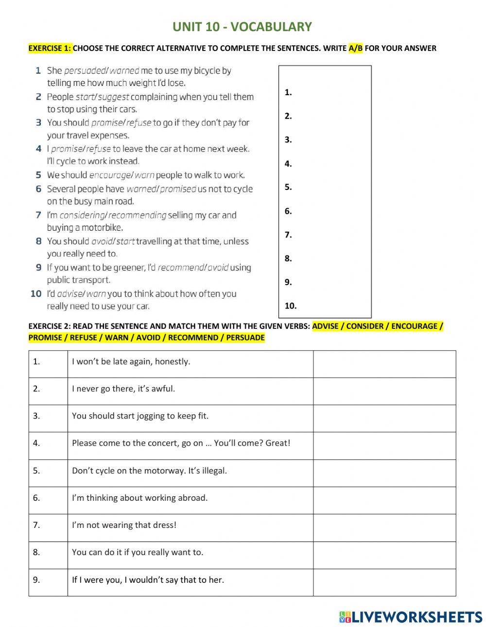 B1 - UNIT 10A VOCABULARY