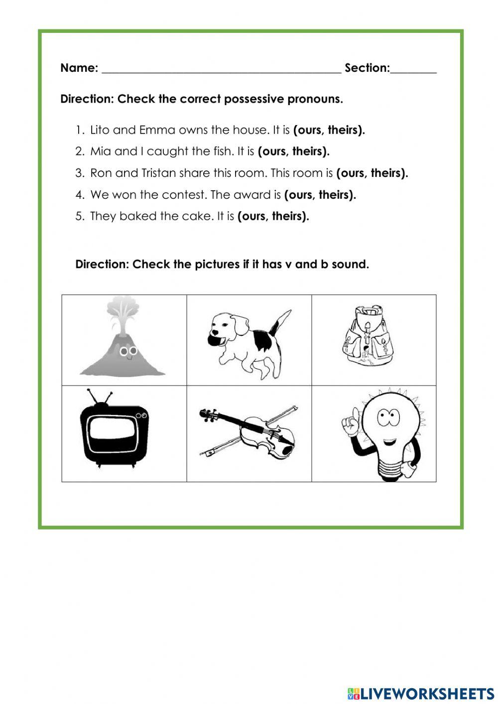 Possessive Pronoun and Initial Sound V and B
