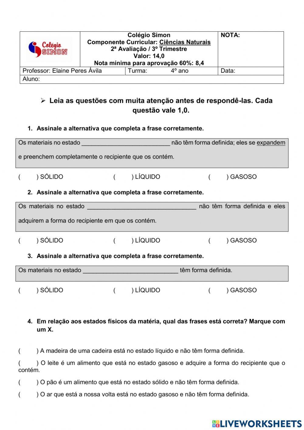 Avaliação de Ciências da Natureza
