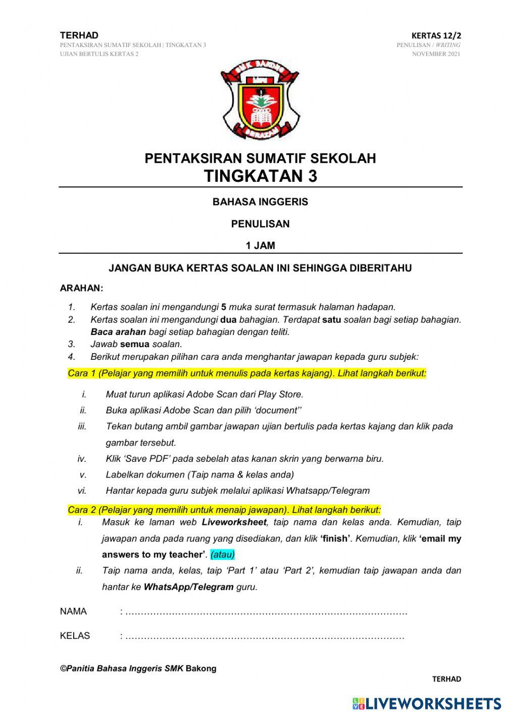 Paper 2 Pentaksiran Sumatif Sekolah (Bahasa Inggeris Tingkatan 3 - Akhir Tahun 2021)
