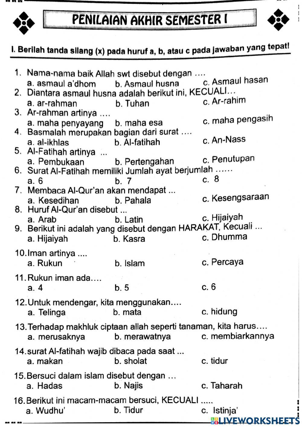 Latihan PAS kelas 1 sem 1