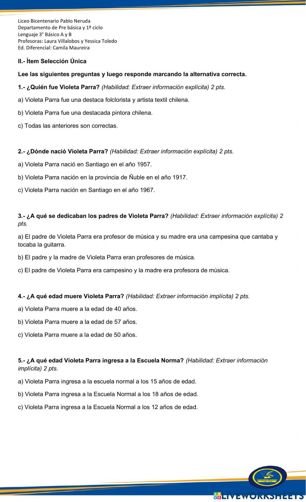 Evaluación de Lenguaje Unidad n°4 Periodo n°6