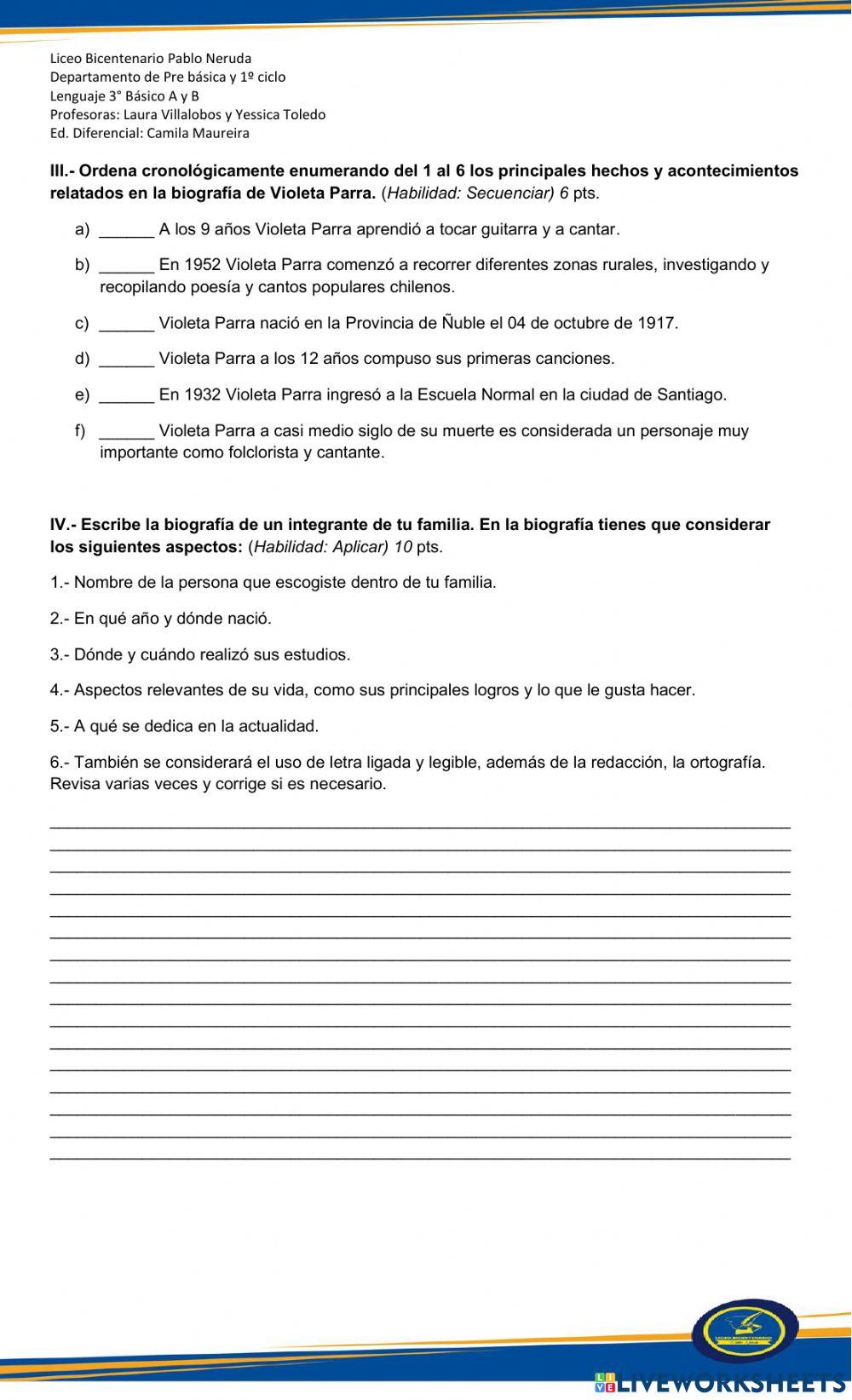 Evaluación de Lenguaje Unidad n°4 Periodo n°6